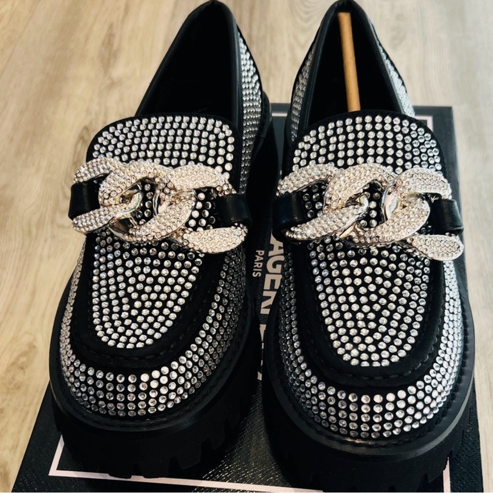 Karl Lagerfeld Black Studded Rhinestone Loafers - Picture 5 of 11